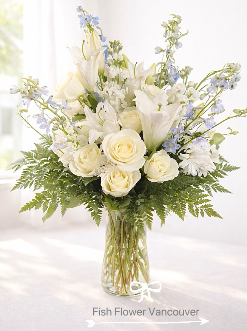 Sympathy White & Blue--Vase Arrangement